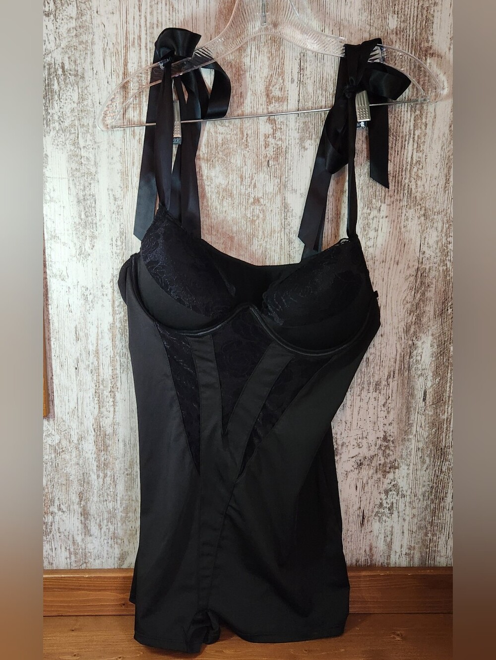 Black Satin & Lace Bustier Camisole with Ribbon Straps Sexy Witch Vibes Size L